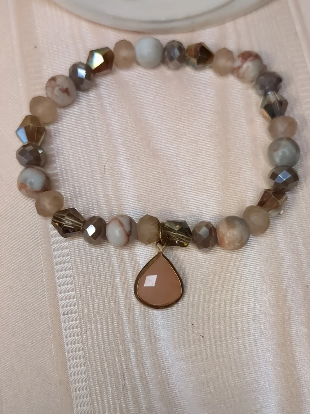 Boho Natural Stone Bracelet W/ Dangle Charm Peach Silver Grey Neutrals Stretchy